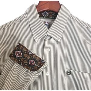 Cinch Men's Sz M LS Dress Shirt Cream Brown Striped 100% Cotton Contrast Cuff